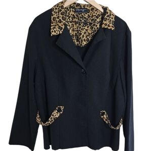 Spago Collection Vintage Black Blazer Leopard Print Collar & Cuffs Women Size 2X
